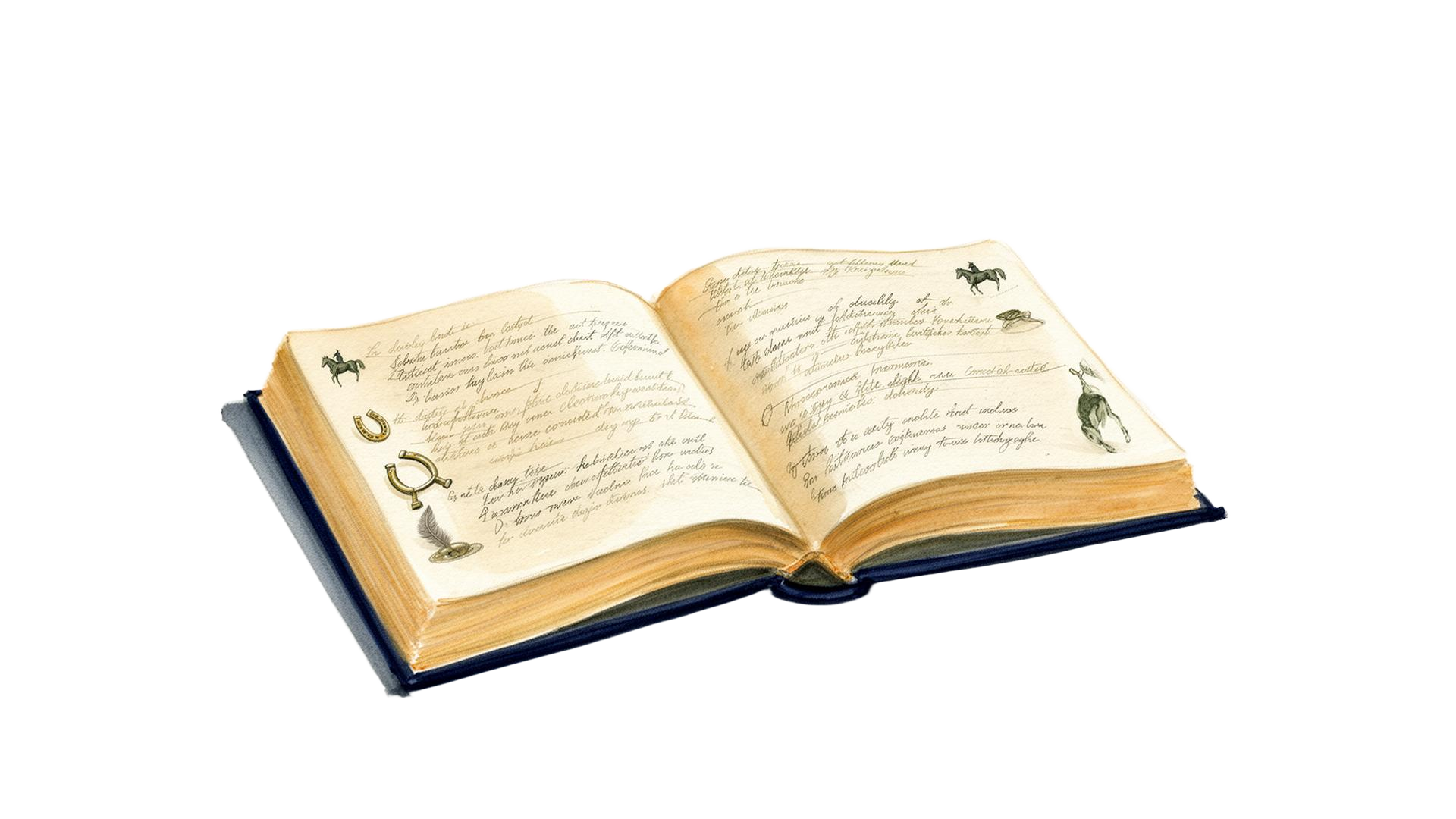 Glossario equestre illustrato con sella, briglia, ferro di cavallo e dettagli botanici