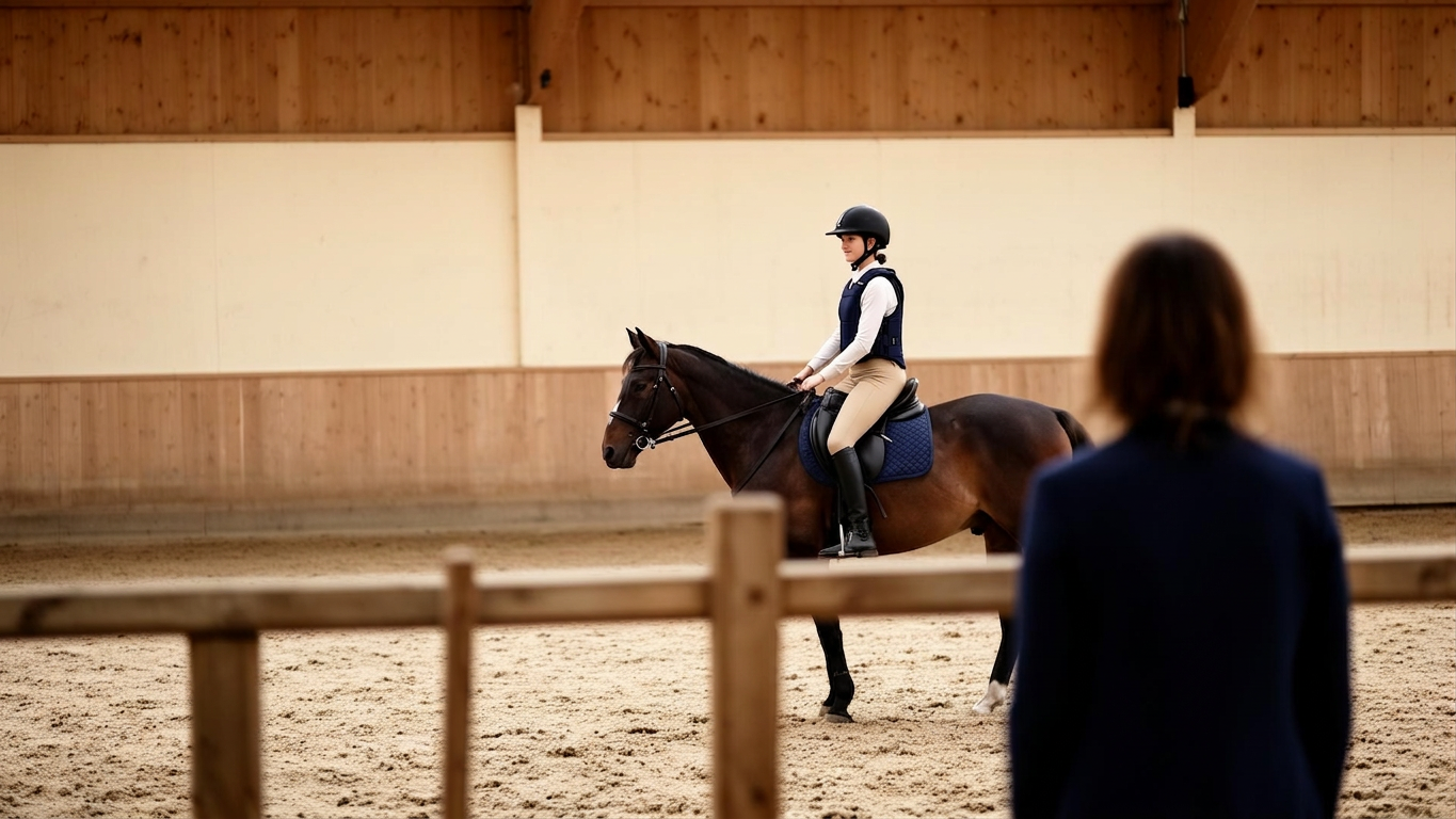 Un genitore osserva con calma il proprio figlio durante una lezione di equitazione